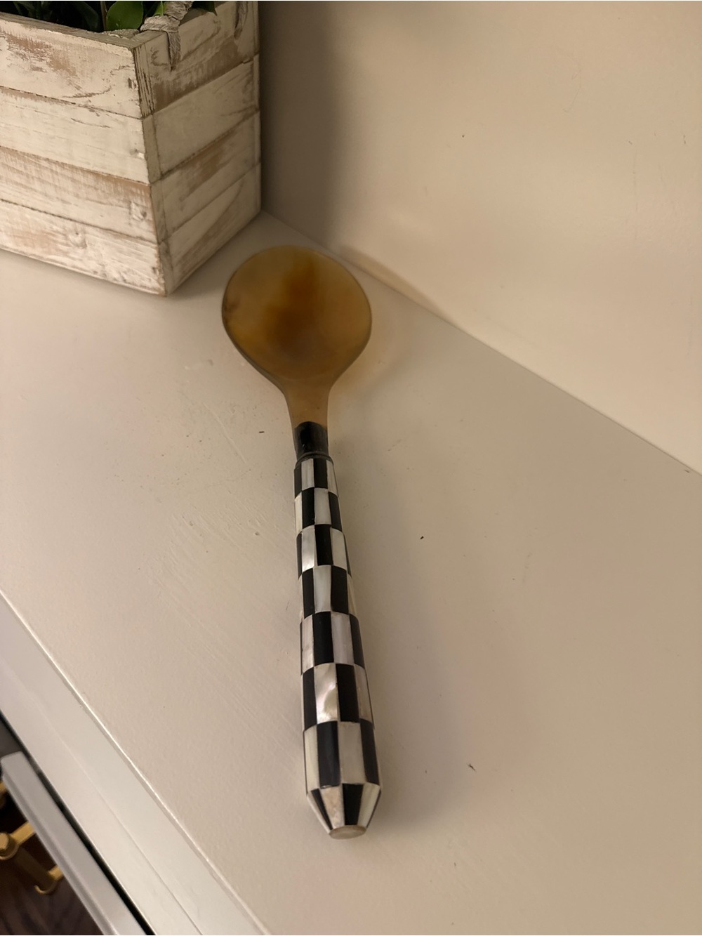 Horn Serving Spoon Mother of Pearl Checkerboard Inlay Handle 11”